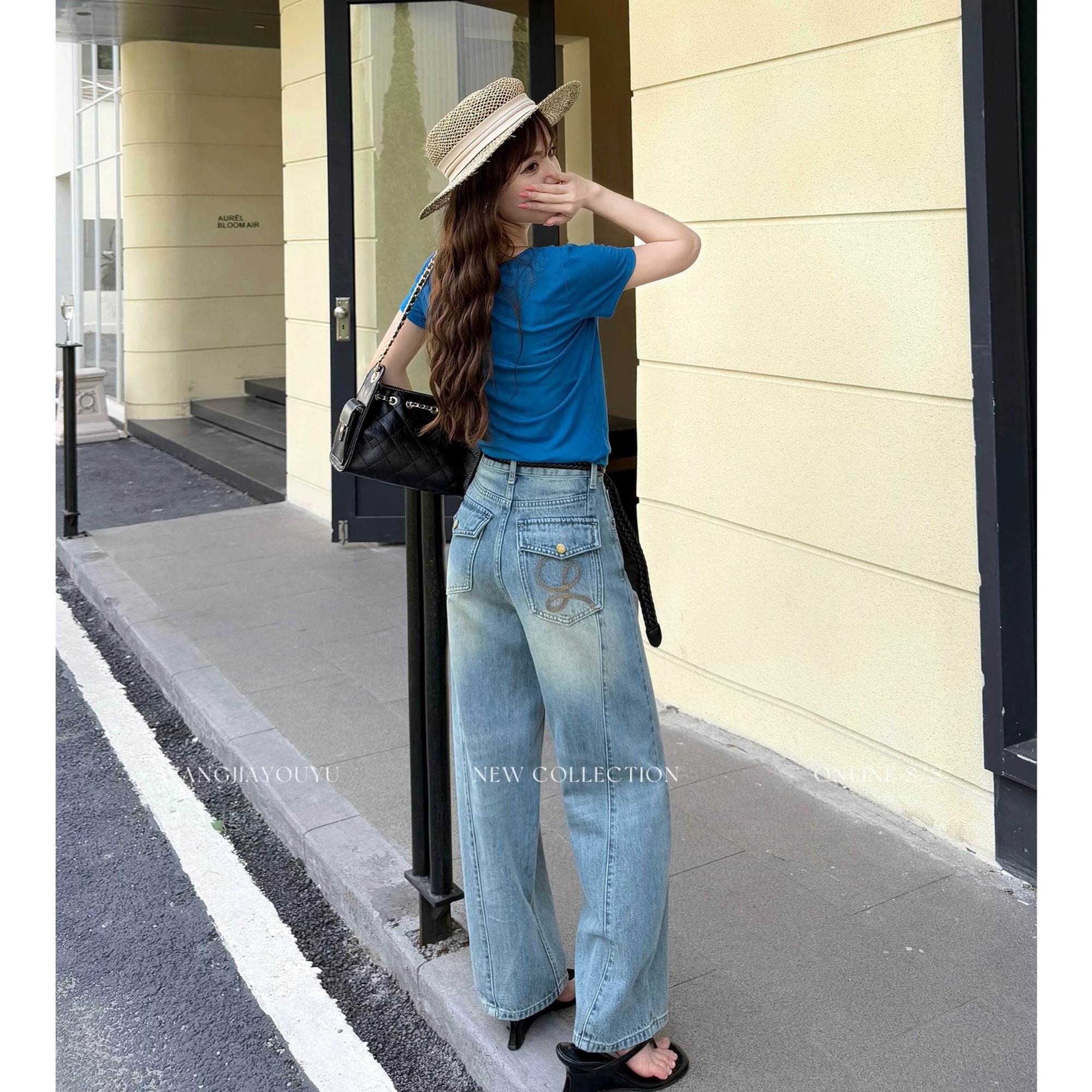 王家有魚小個子定制夏季新款窄版彎刀闊腿褲復古藍牛仔褲女刺繡