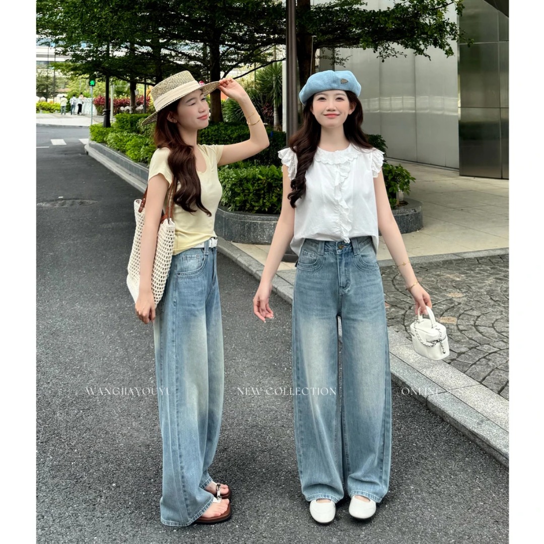 王家有魚大姚小姚小個子2026夏季薄款彎刀闊腿褲女款新款牛仔褲