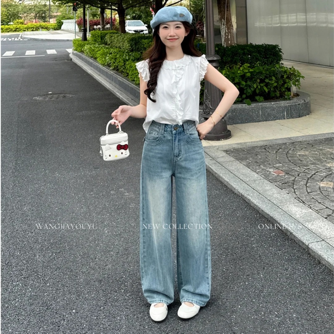 王家有魚大姚小姚小個子2026夏季薄款彎刀闊腿褲女款新款牛仔褲