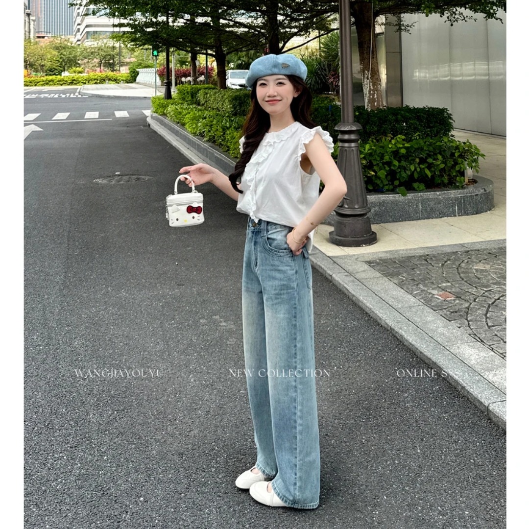 王家有魚大姚小姚小個子2026夏季薄款彎刀闊腿褲女款新款牛仔褲
