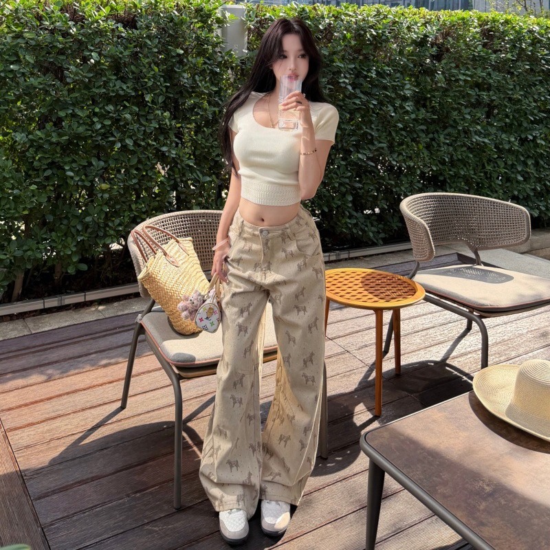 小個子美式復古小馬提花2026春夏季新款奶芙提花彎刀牛仔褲長褲