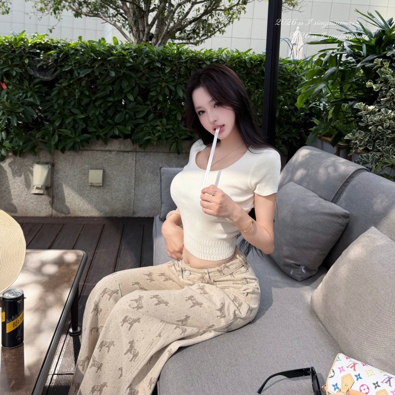 小個子美式復古小馬提花2026春夏季新款奶芙提花彎刀牛仔褲長褲