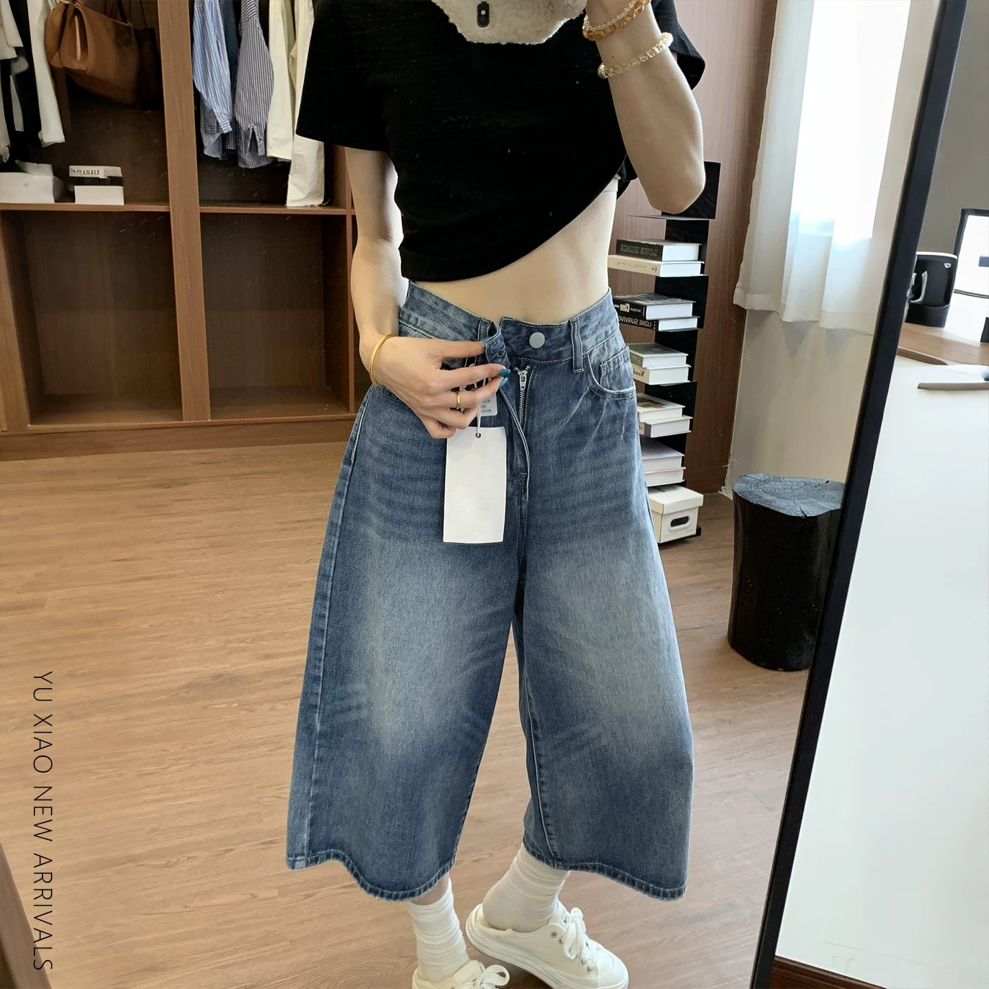 復古闊腿七分牛仔褲女夏季新款寬松大碼胖mm顯瘦梨型身材直筒馬褲