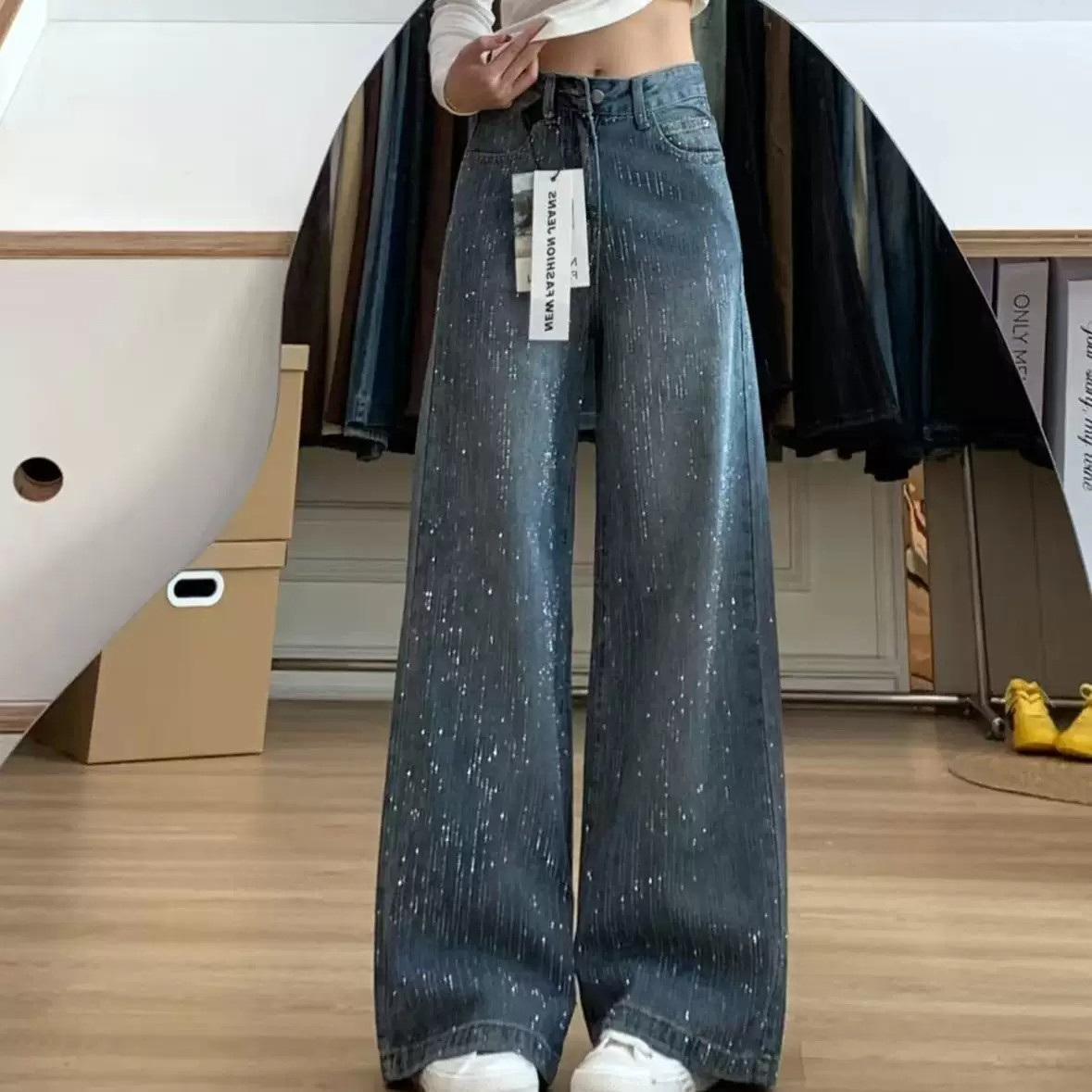 滿天星燙鉆牛仔褲女2026夏季新款寬松設計感爆閃帶鉆直筒闊腿褲子