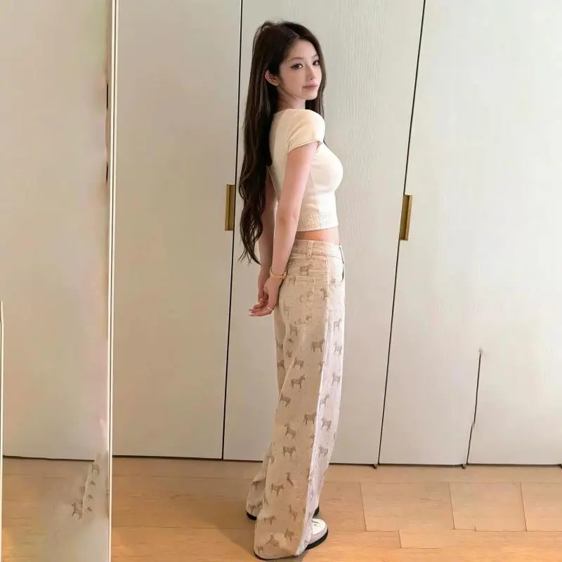 小馬印花闊腿牛仔褲女 2026春夏季高腰直筒垂感顯瘦 休閑拖地長褲