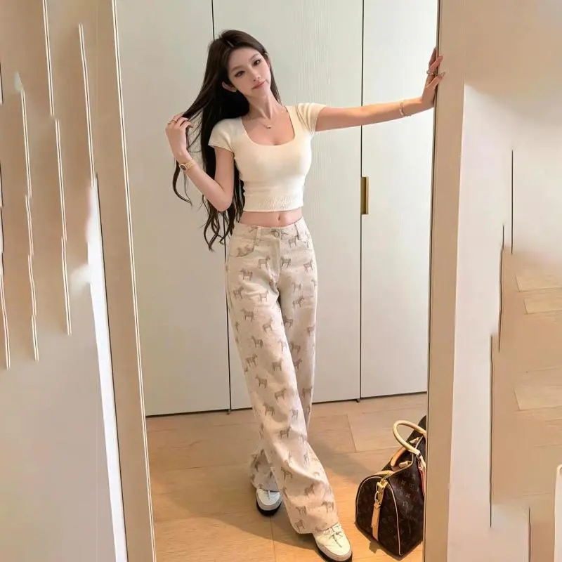 小馬印花闊腿牛仔褲女 2026春夏季高腰直筒垂感顯瘦 休閑拖地長褲