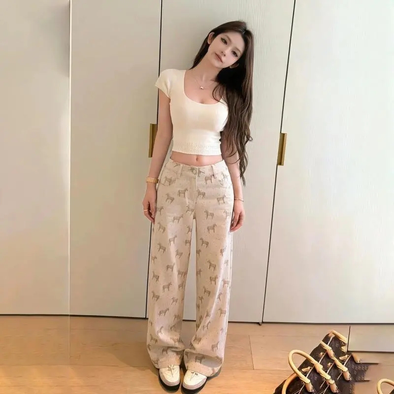 小馬印花闊腿牛仔褲女 2026春夏季高腰直筒垂感顯瘦 休閑拖地長褲