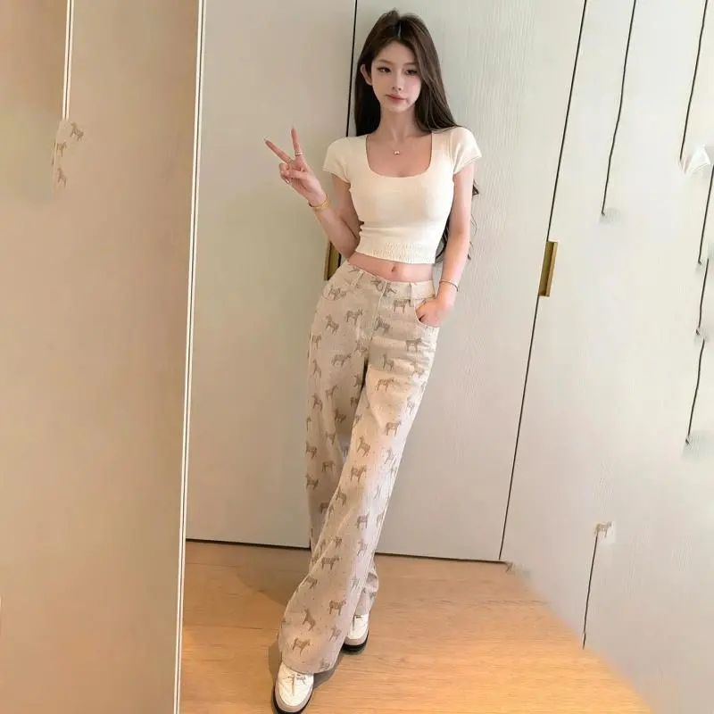 小馬印花闊腿牛仔褲女 2026春夏季高腰直筒垂感顯瘦 休閑拖地長褲