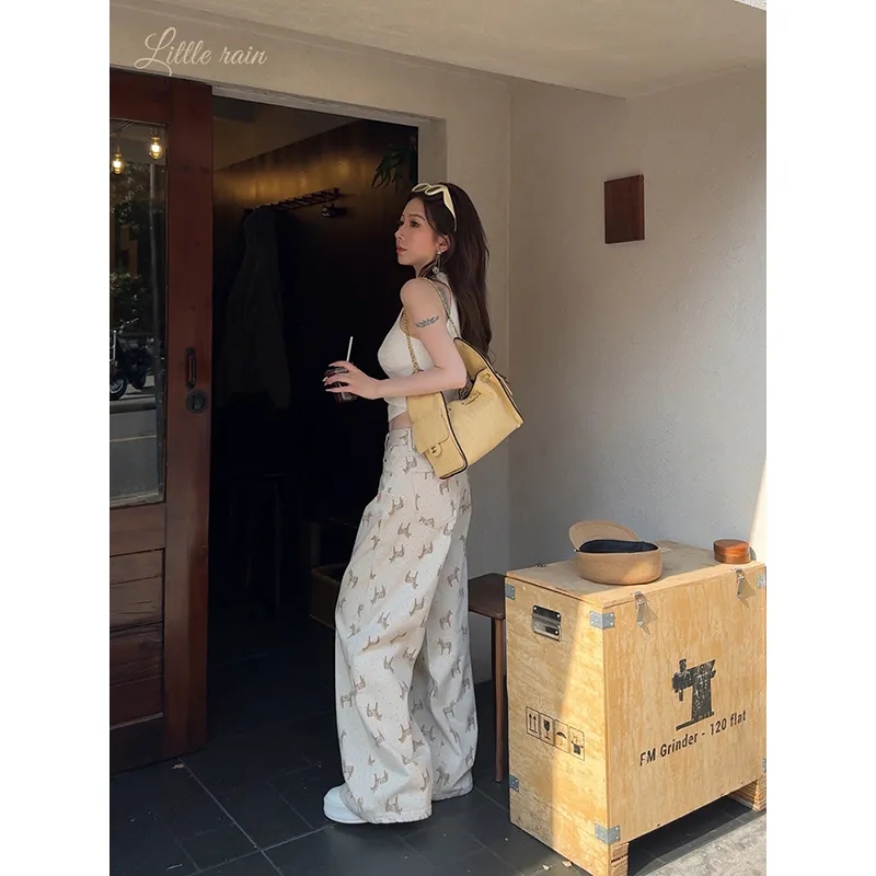 小雨姐姐小馬直筒時尚小馬印花寬松直筒牛仔褲女復古慵懶2026春夏