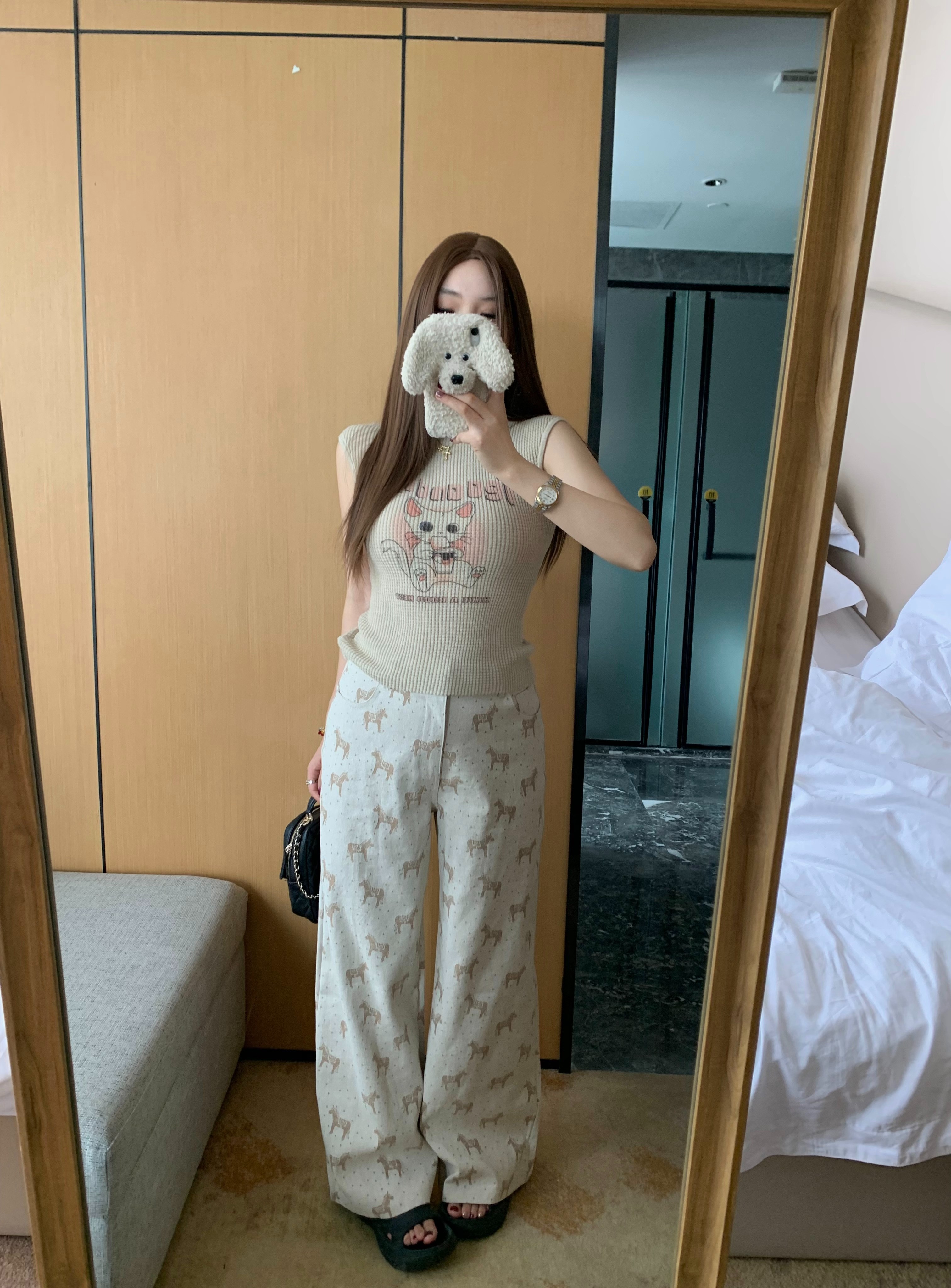 吳大笑軟萌印花褲～百搭高腰遮胯藏肉闊腿可愛小馬闊腿牛仔褲