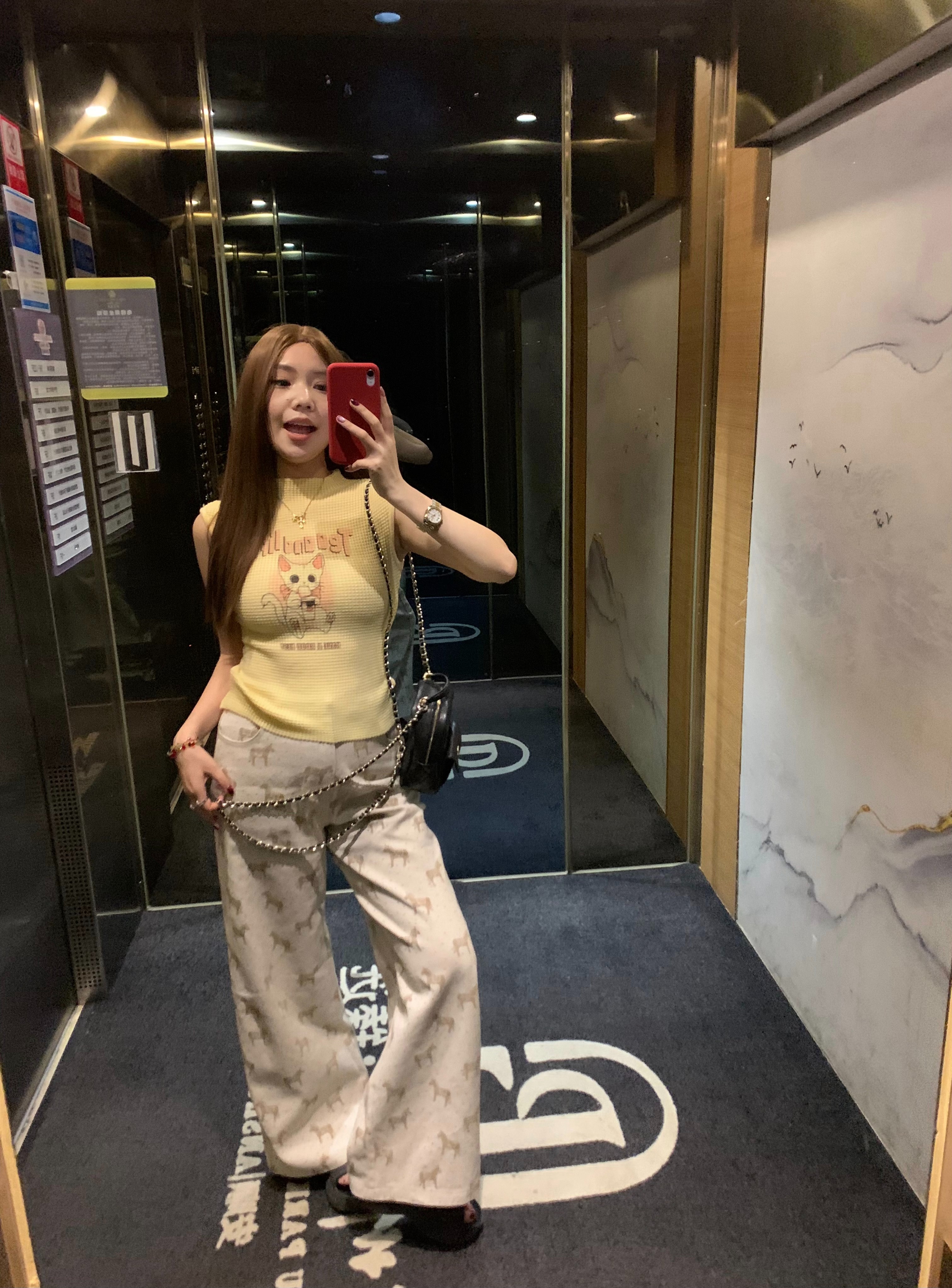 吳大笑軟萌印花褲～百搭高腰遮胯藏肉闊腿可愛小馬闊腿牛仔褲