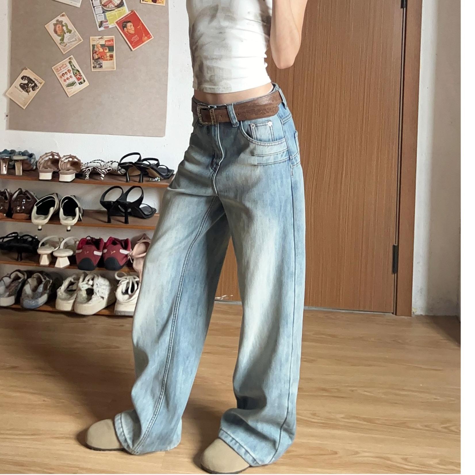 WANWAN同款慵懶風秋季直筒冰藍女顯瘦百搭春秋網紅牛仔休閑褲