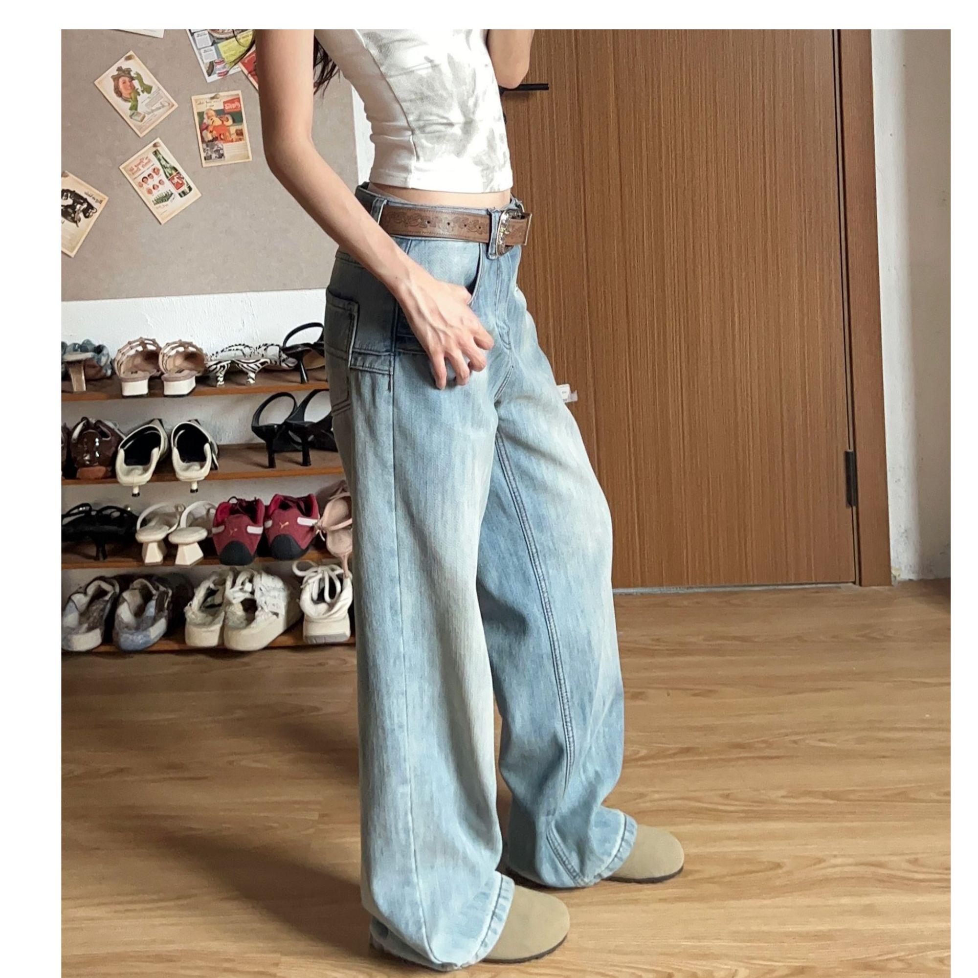 WANWAN同款慵懶風秋季直筒冰藍女顯瘦百搭春秋網紅牛仔休閑褲