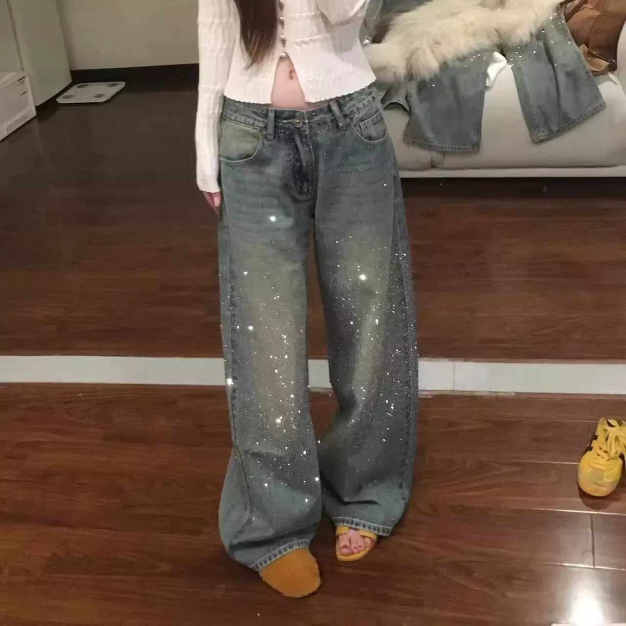 蒜尼尼耀眼星河小個高個子中低腰直筒褲鈦合金鉆閃牛仔褲1051