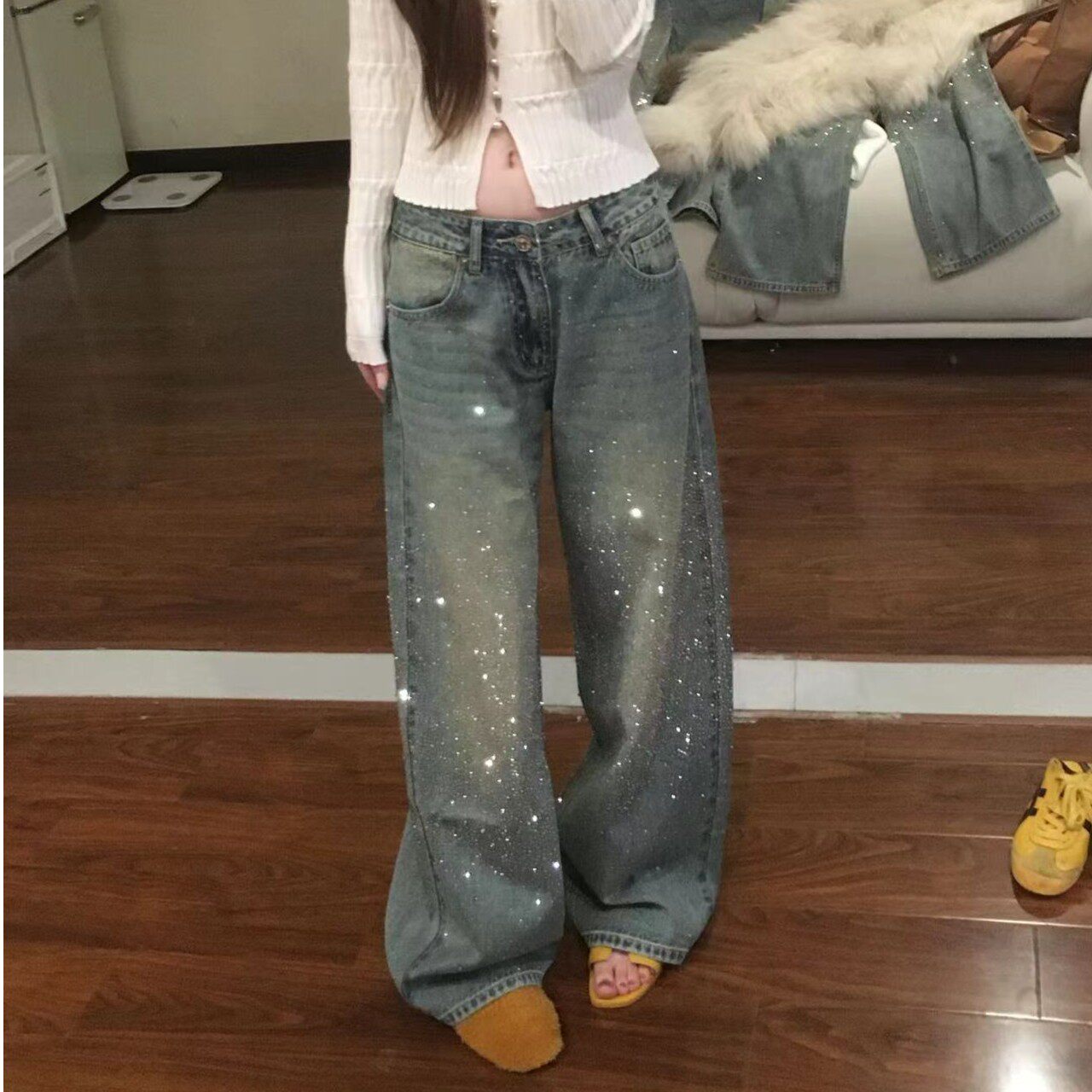 蒜尼尼耀眼星河小個高個子中低腰直筒褲鈦合金鉆閃牛仔褲1051