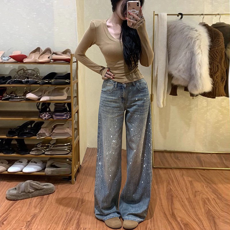 李李服飾耀眼星河燙鉆單面鉆牛仔褲女2026年夏高腰顯瘦闊腿堆堆褲