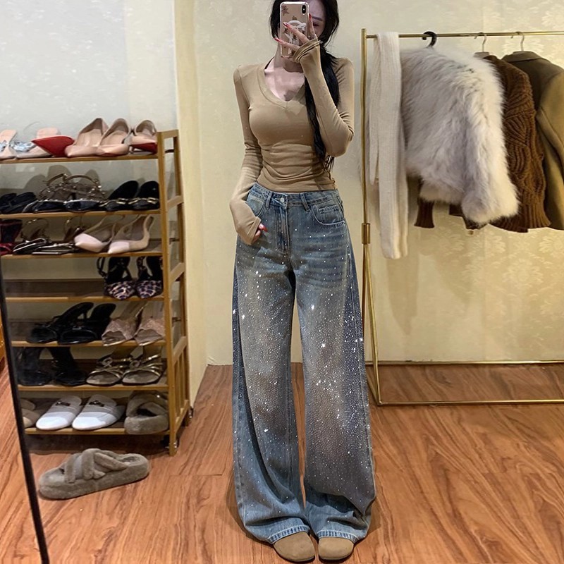 李李服飾耀眼星河燙鉆單面鉆牛仔褲女2026年夏高腰顯瘦闊腿堆堆褲