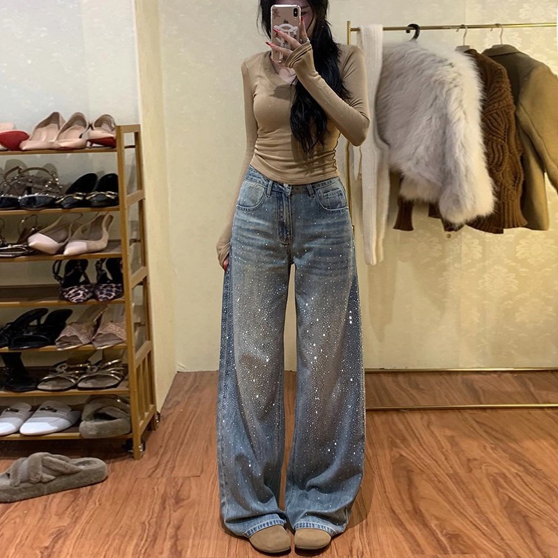 李李服飾耀眼星河燙鉆單面鉆牛仔褲女2026年夏高腰顯瘦闊腿堆堆褲