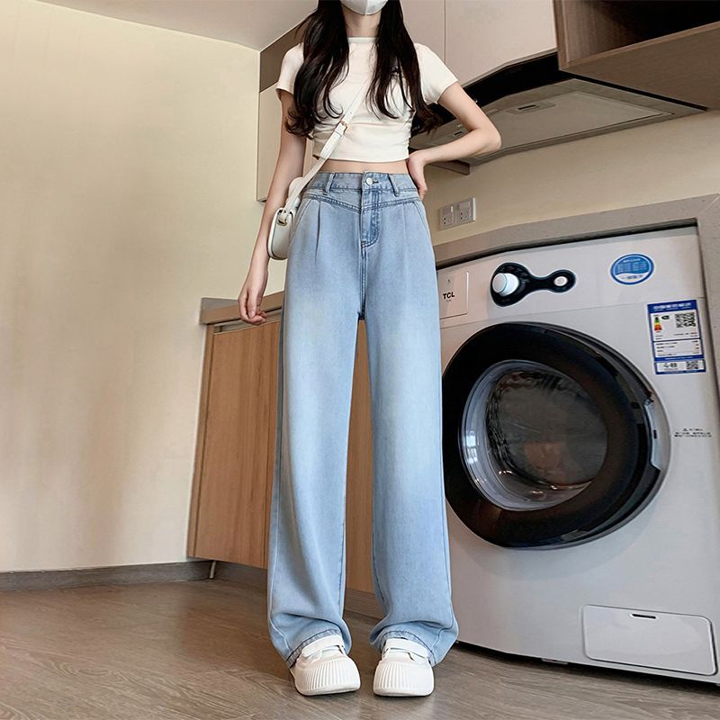 淺色天絲牛仔褲女夏季薄款2026新款高腰寬松直筒冰絲拖地闊腿褲子