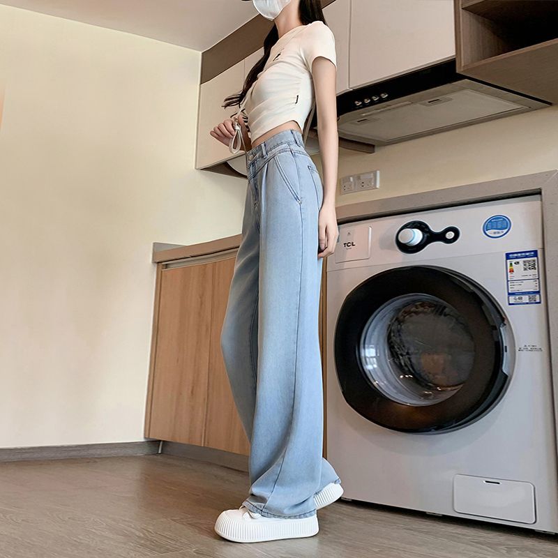 淺色天絲牛仔褲女夏季薄款2026新款高腰寬松直筒冰絲拖地闊腿褲子