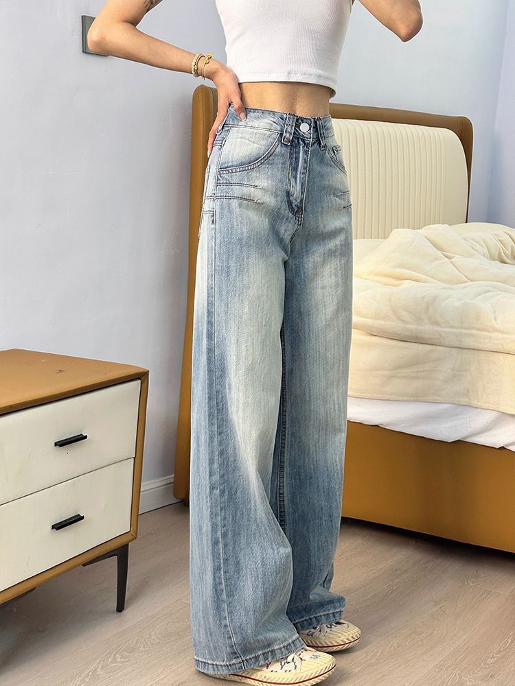美式直筒牛仔褲女2025春季新款復古水洗高腰寬松闊腿小個子拖地褲