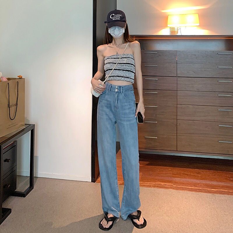 ZNZW超薄天絲牛仔褲女2026新款高腰寬松顯瘦垂感闊腿拖地褲ins潮