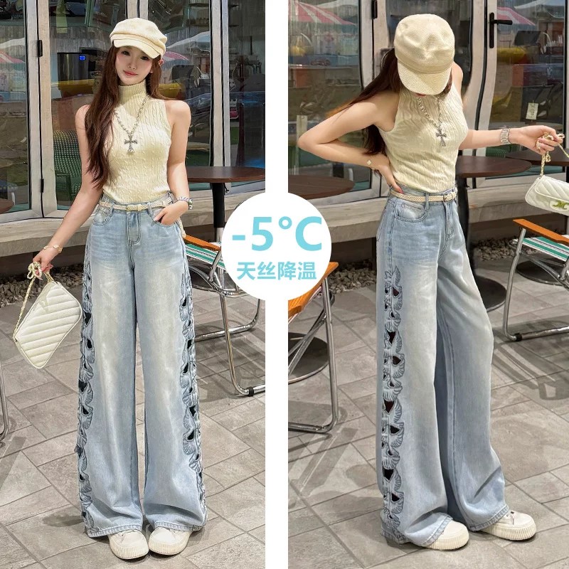 天絲破洞刺繡鏤空闊腿牛仔褲女夏季薄款2026新款寬松定制直筒褲子