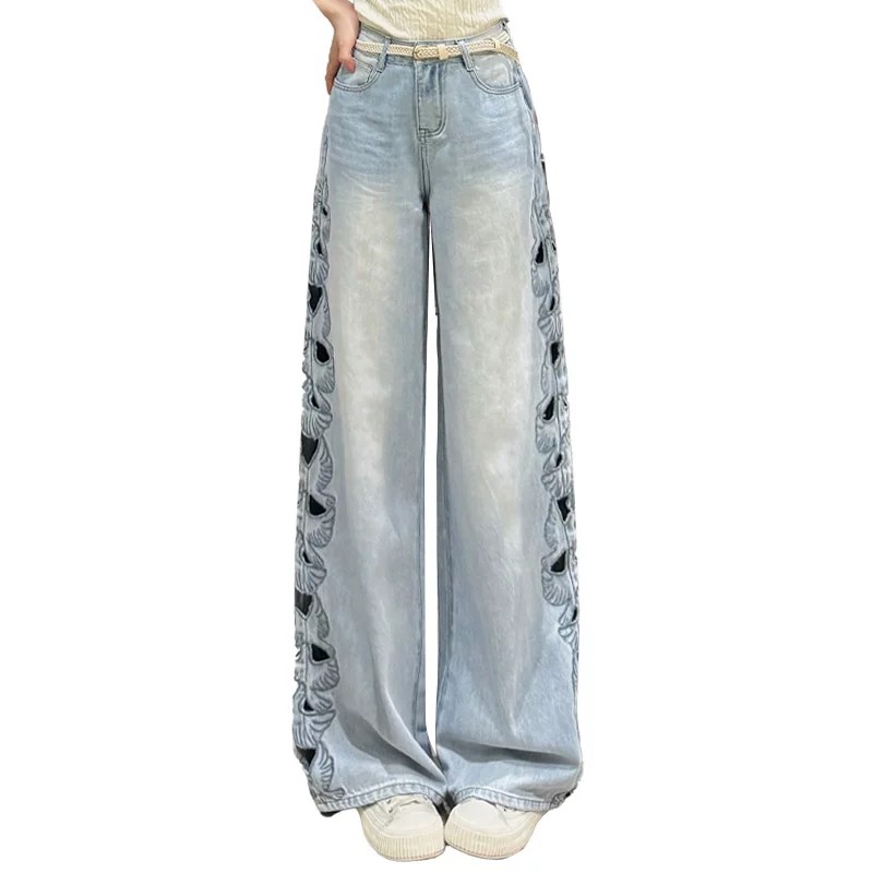 天絲破洞刺繡鏤空闊腿牛仔褲女夏季薄款2026新款寬松定制直筒褲子