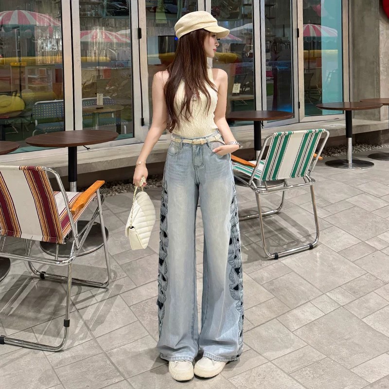 天絲破洞刺繡鏤空闊腿牛仔褲女夏季薄款2026新款寬松定制直筒褲子