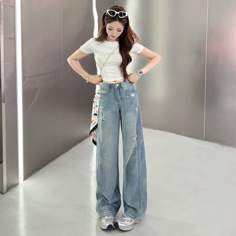 破洞闊腿牛仔褲女春夏2026新款薄款寬松爆款時尚辣妹慵懶直筒褲子