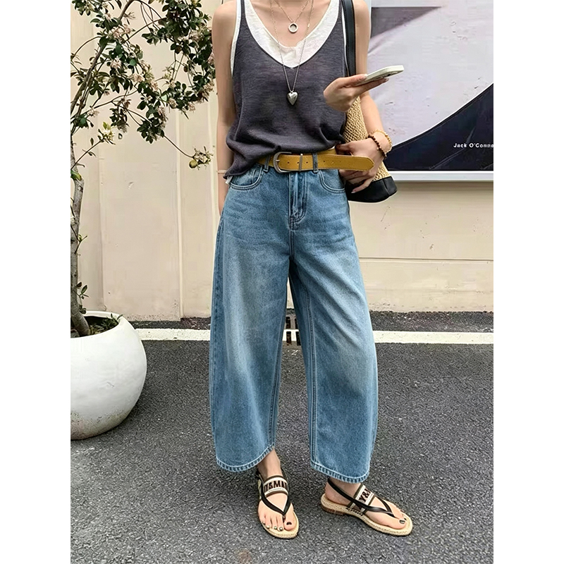 小個子復古高腰闊腿彎刀牛仔褲女夏新款水洗寬松顯瘦休閑八分褲