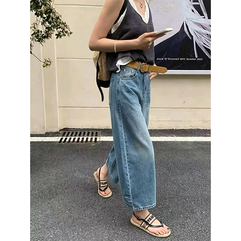 小個子復古高腰闊腿彎刀牛仔褲女夏新款水洗寬松顯瘦休閑八分褲