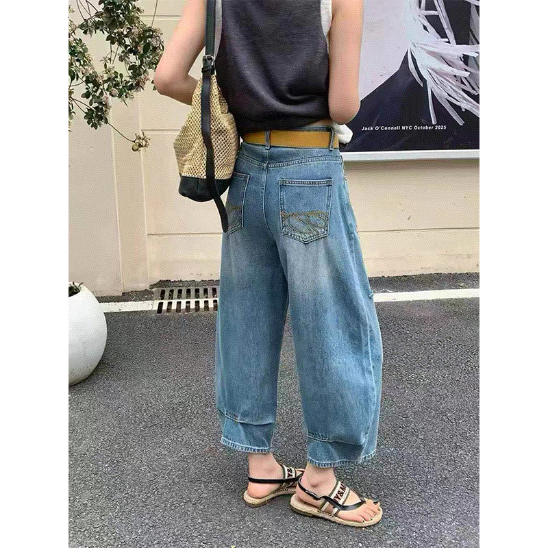 小個子復古高腰闊腿彎刀牛仔褲女夏新款水洗寬松顯瘦休閑八分褲