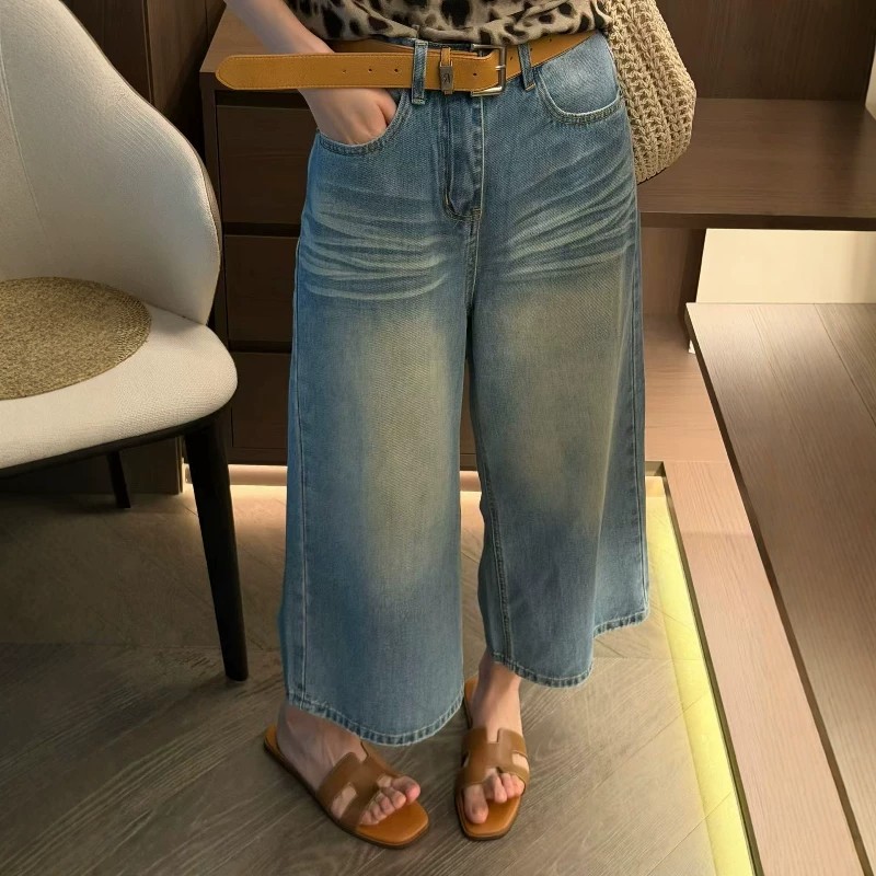 復古做舊高腰闊腿牛仔褲女2026夏季新款寬松顯瘦八分褲時尚減齡潮