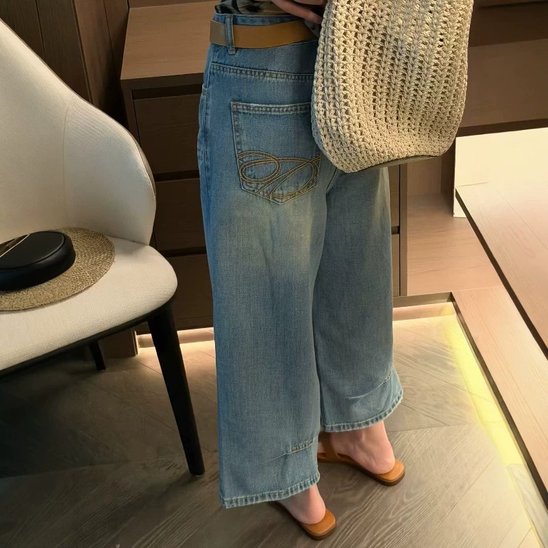 復古做舊高腰闊腿牛仔褲女2026夏季新款寬松顯瘦八分褲時尚減齡潮