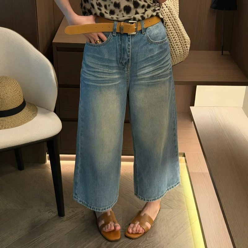 復古做舊高腰闊腿牛仔褲女2026夏季新款寬松顯瘦八分褲時尚減齡潮