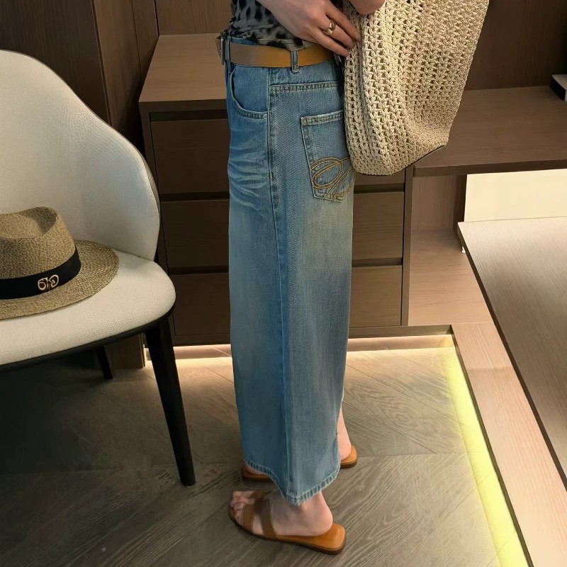 復古做舊高腰闊腿牛仔褲女2026夏季新款寬松顯瘦八分褲時尚減齡潮