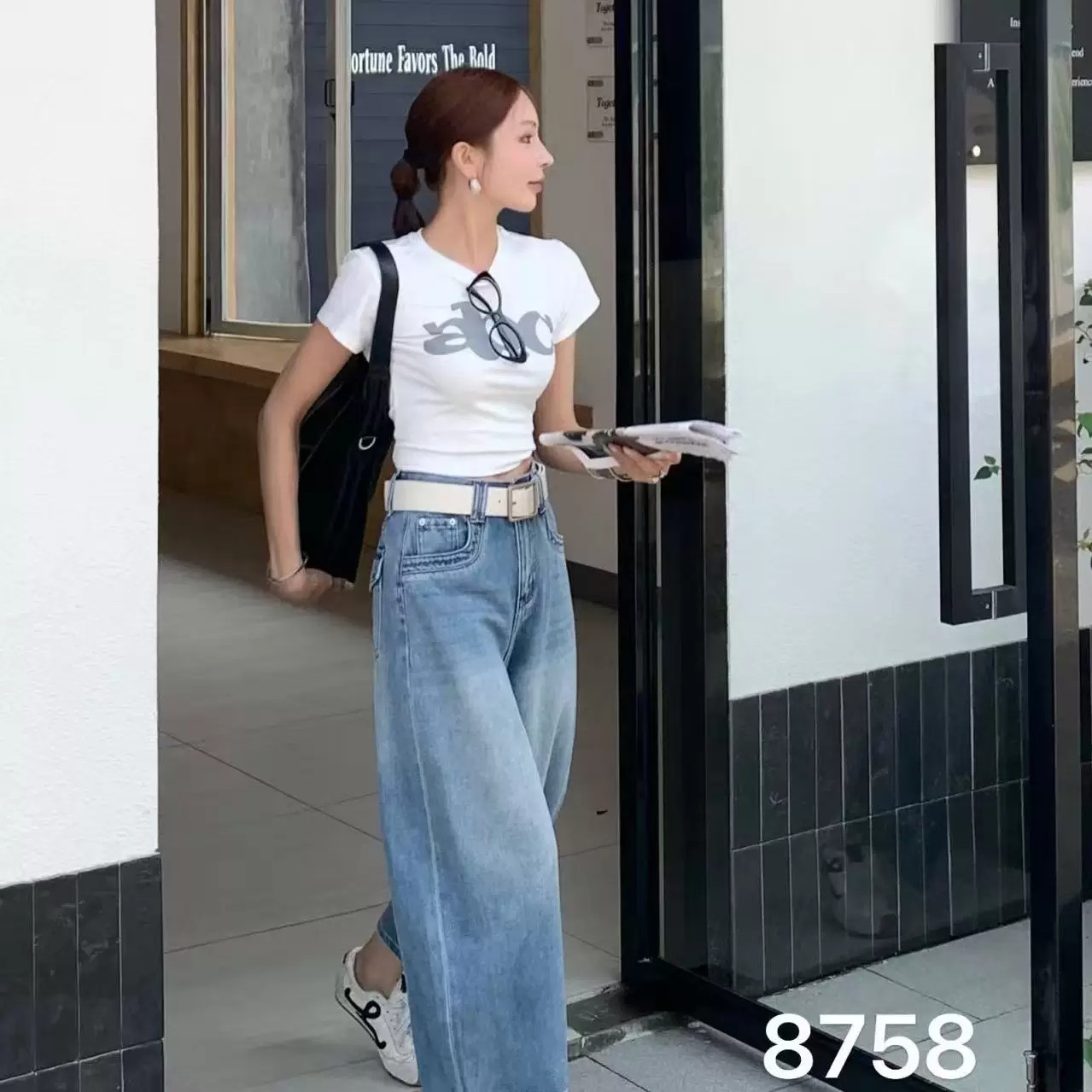 千悅8758歐貨高腰九分闊腿牛仔褲女淺藍水洗顯瘦遮胯寬松氣球褲