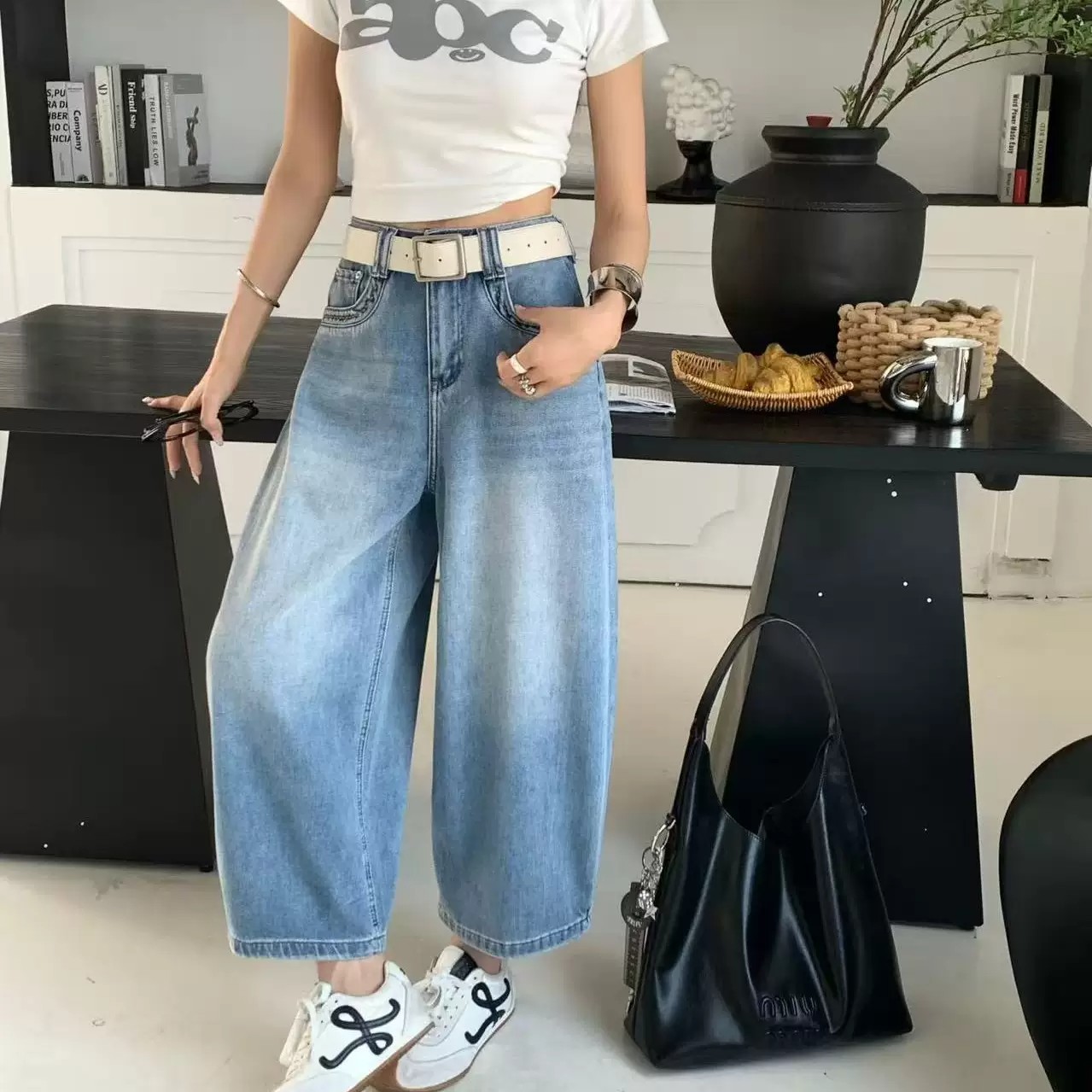 千悅8758歐貨高腰九分闊腿牛仔褲女淺藍水洗顯瘦遮胯寬松氣球褲