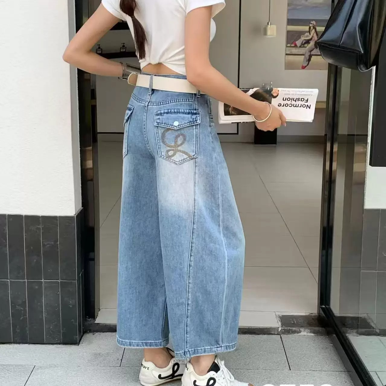 千悅8758歐貨高腰九分闊腿牛仔褲女淺藍水洗顯瘦遮胯寬松氣球褲