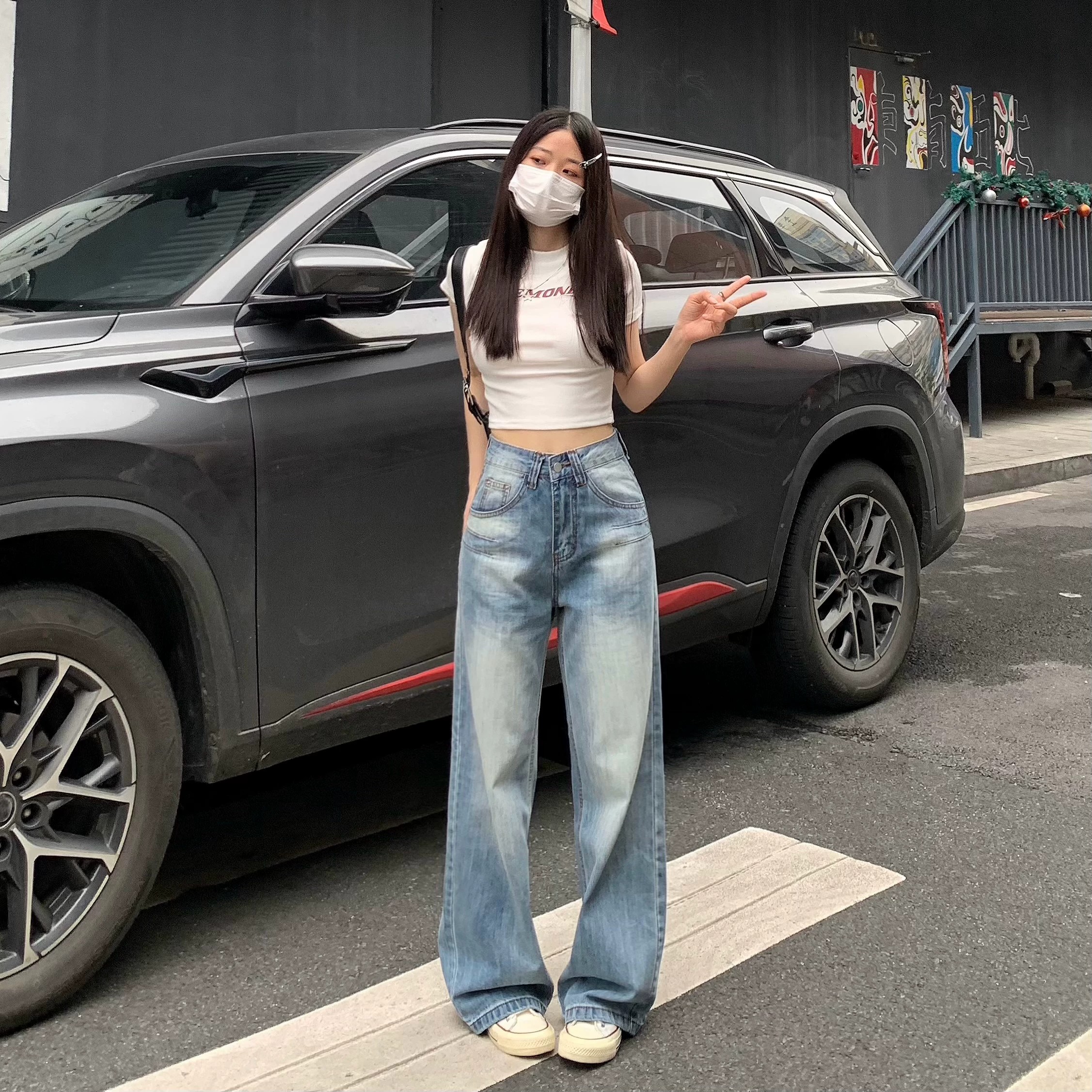 純哥家美式水洗闊腿牛仔褲女2026春夏新款設計感高腰寬松顯瘦褲子
