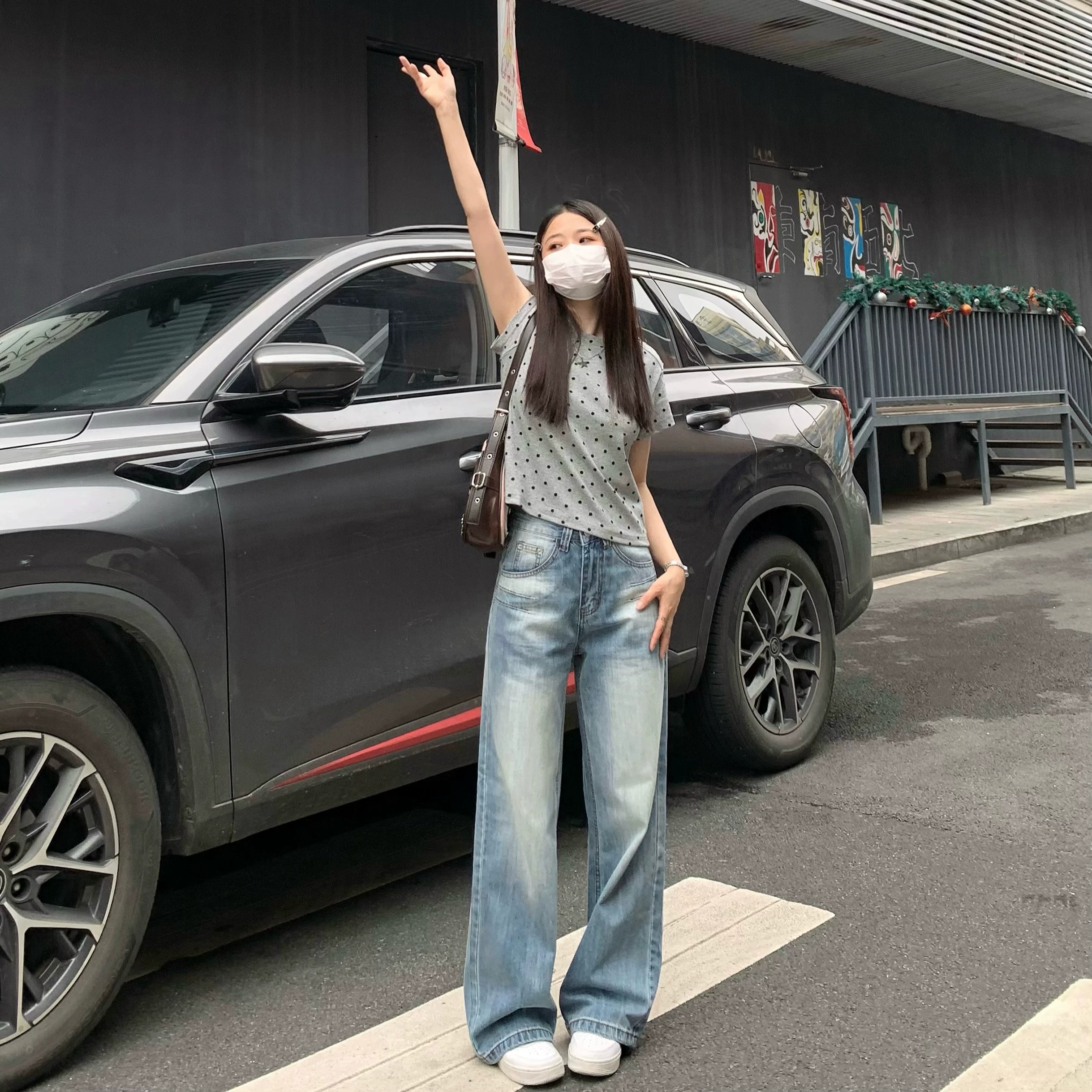 純哥家美式水洗闊腿牛仔褲女2026春夏新款設計感高腰寬松顯瘦褲子
