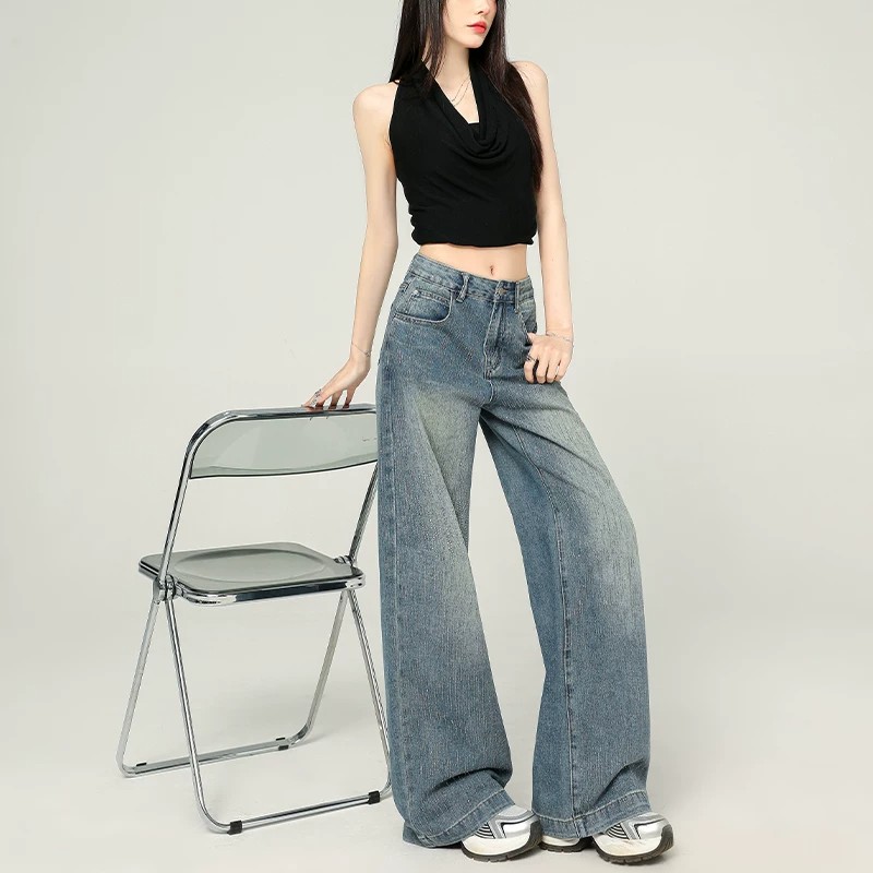 滿天星河燙鉆闊腿牛仔褲女2026夏季新款高腰寬松顯瘦高級感拖地褲