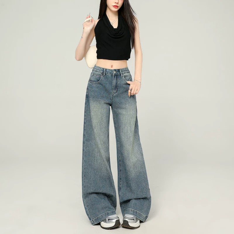 滿天星河燙鉆闊腿牛仔褲女2026夏季新款高腰寬松顯瘦高級感拖地褲
