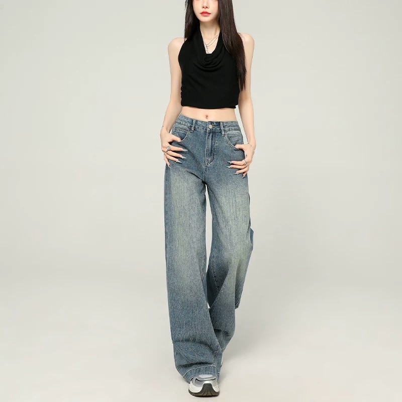 滿天星河燙鉆闊腿牛仔褲女2026夏季新款高腰寬松顯瘦高級感拖地褲