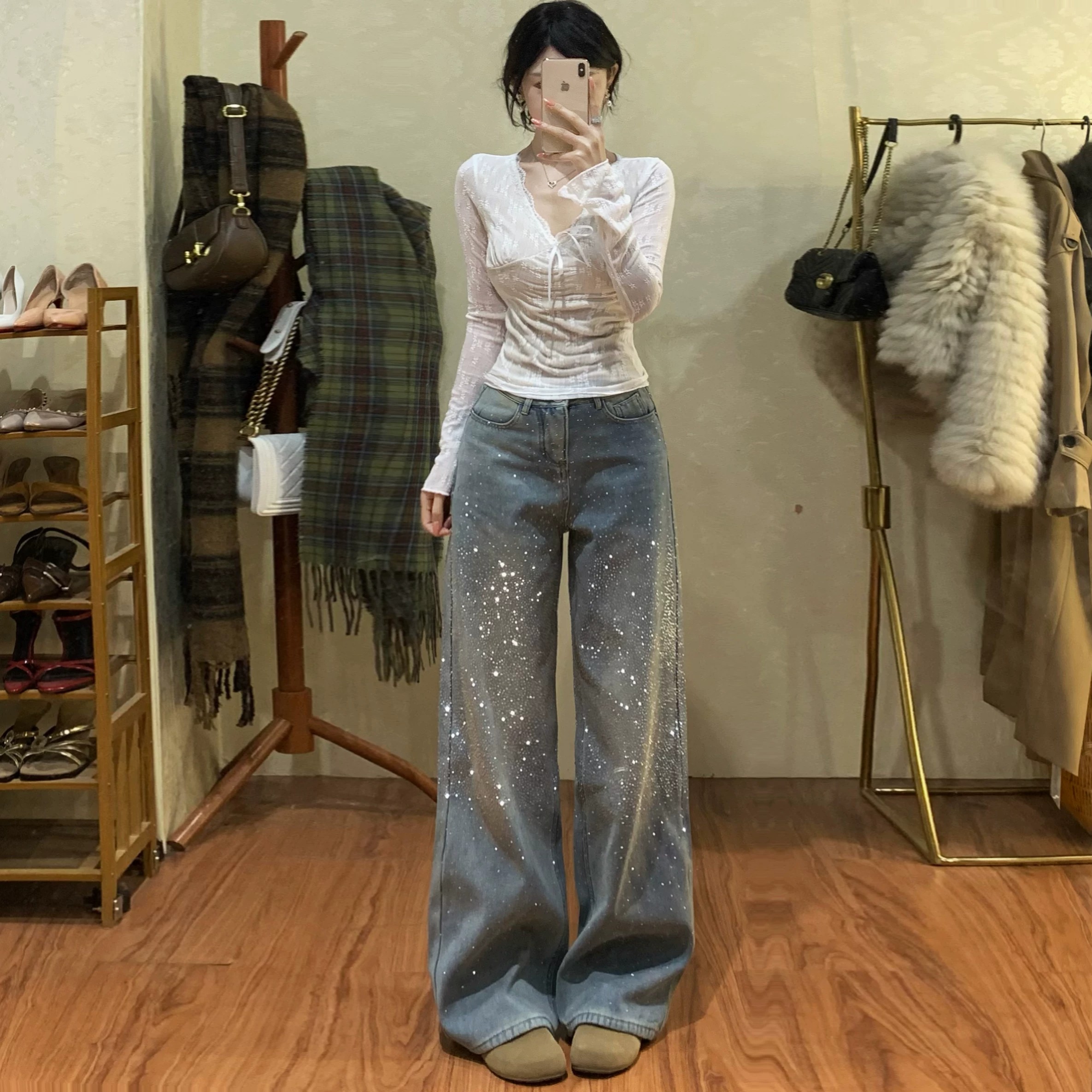 流光碎鉆爆閃闊腿牛仔褲女2026夏季新款高腰寬松顯瘦慵懶堆堆長褲