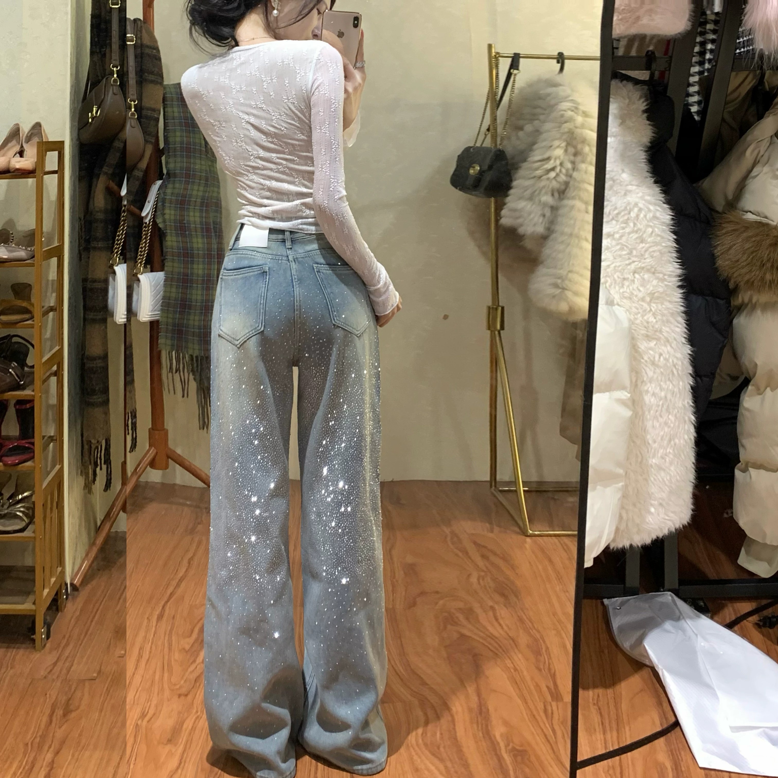 流光碎鉆爆閃闊腿牛仔褲女2026夏季新款高腰寬松顯瘦慵懶堆堆長褲
