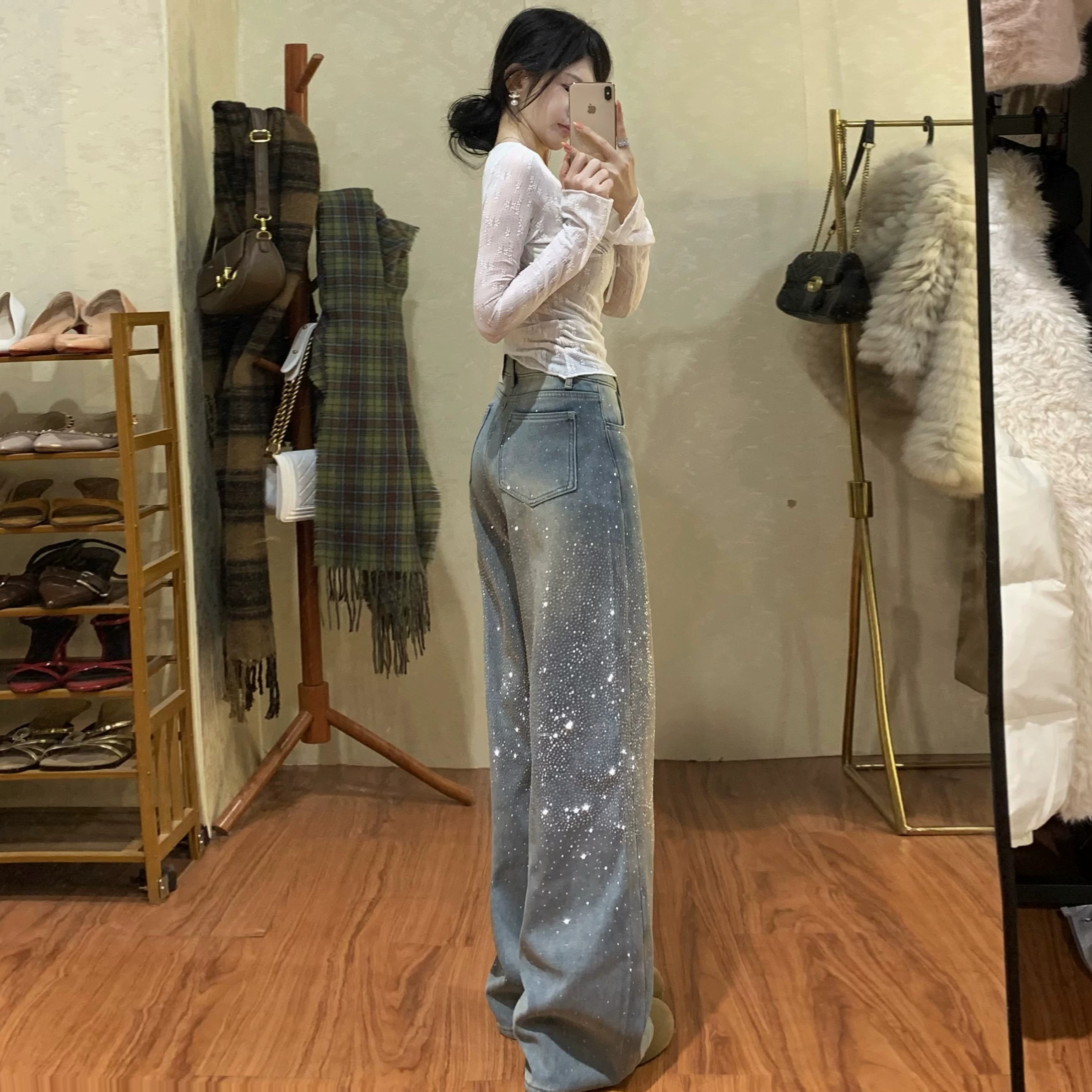 流光碎鉆爆閃闊腿牛仔褲女2026夏季新款高腰寬松顯瘦慵懶堆堆長褲