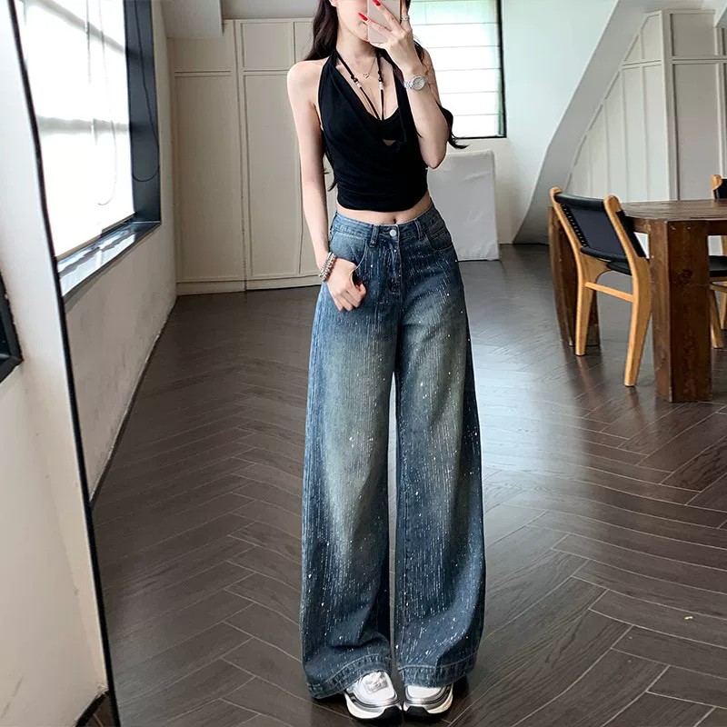 流星雨重工燙鉆闊腿牛仔褲女2026夏季新款高腰寬松顯瘦高級感長褲