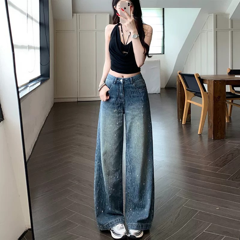 流星雨重工燙鉆闊腿牛仔褲女2026夏季新款高腰寬松顯瘦高級感長褲